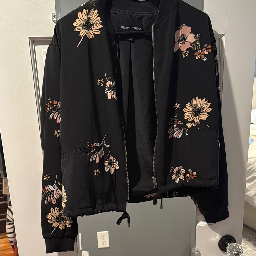 Who What Wear Black Bomber Jacket with Floral Embellishments